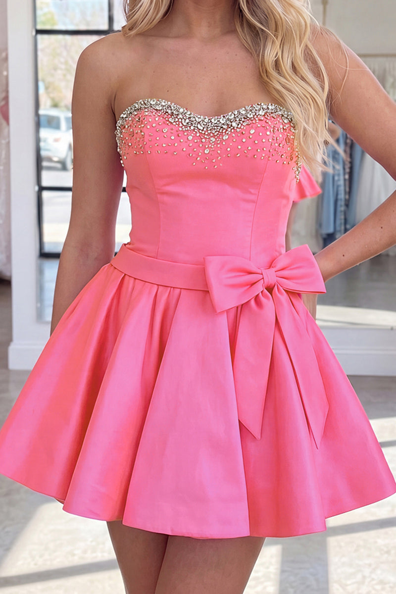 Load image into Gallery viewer, Hot Pink Sparkly Beaded Sweetheart Short Homecoming Dress with Bows