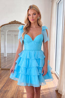Load image into Gallery viewer, Blue Ruffled Beaded Tiered A Line Short Homecoming Dress with Bows