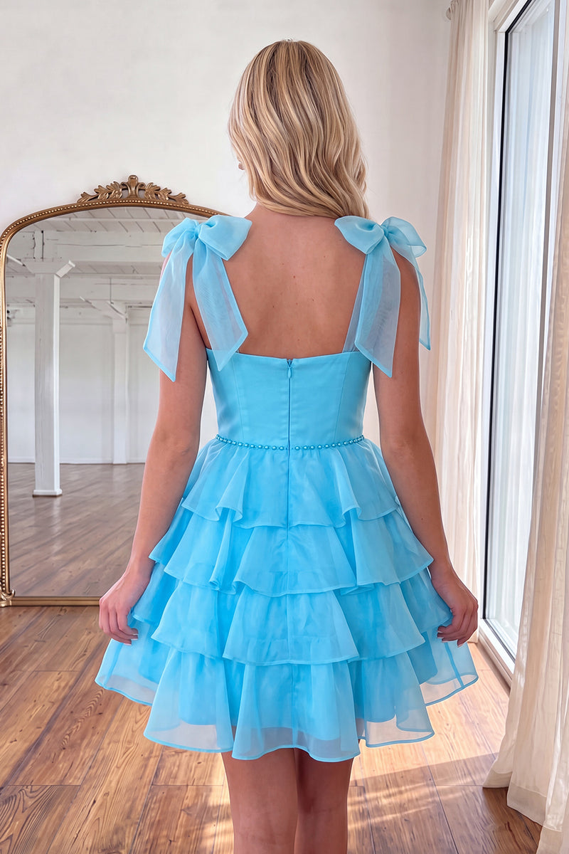 Load image into Gallery viewer, Blue Ruffled Beaded Tiered A Line Short Homecoming Dress with Bows