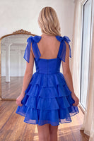 Load image into Gallery viewer, Blue Ruffled Beaded Tiered A Line Short Homecoming Dress with Bows