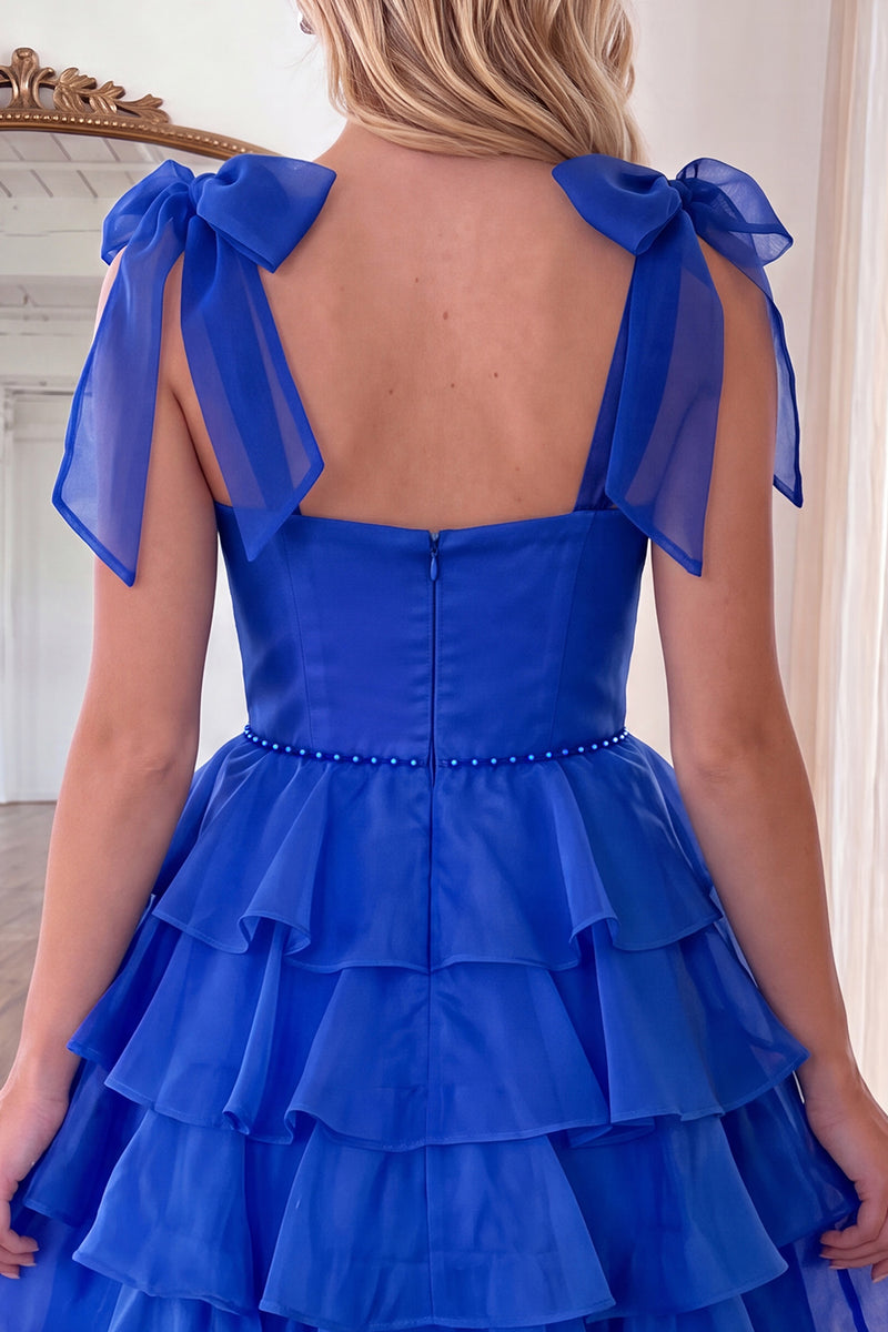 Load image into Gallery viewer, Blue Ruffled Beaded Tiered A Line Short Homecoming Dress with Bows