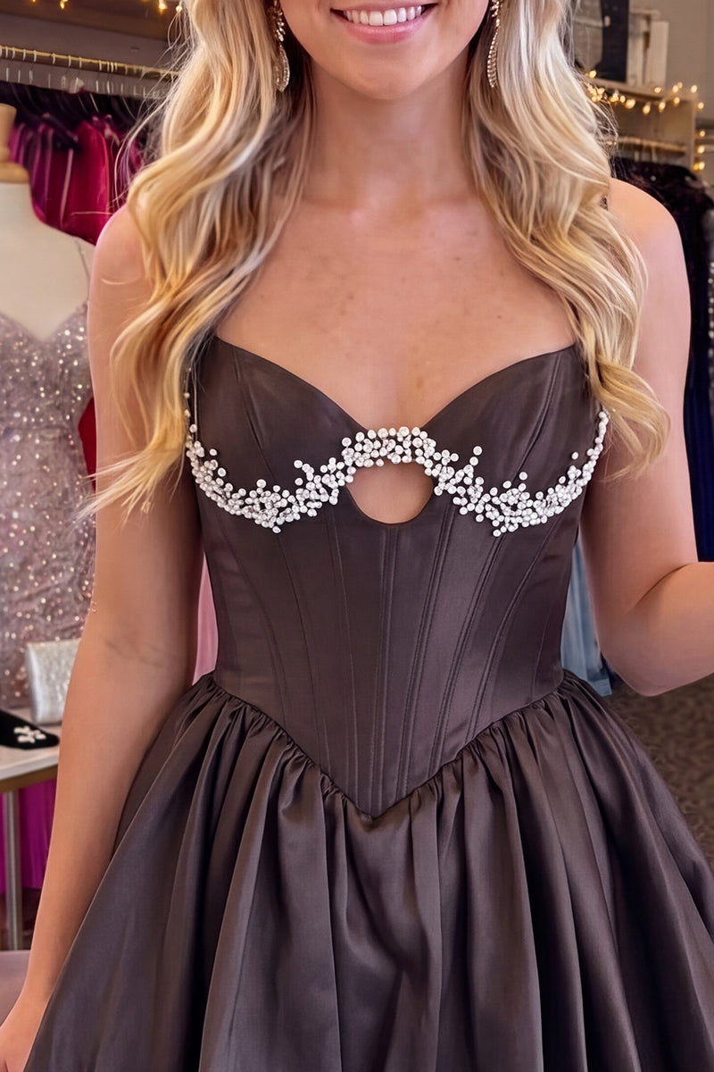 Load image into Gallery viewer, Black Corset Beaded Keyhole A Line Short Homecoming Dress