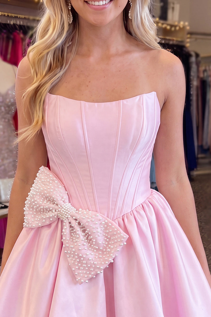 Load image into Gallery viewer, Pink Corset Strapless A Line Beaded Short Homecoming Dress with Bow