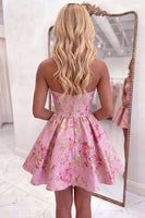 Load image into Gallery viewer, Blush Floral Beaded Strapless A Line Short Homecoming Dress with Bows