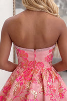Load image into Gallery viewer, Blush Floral Beaded Strapless A Line Short Homecoming Dress with Bows