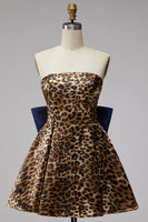 Load image into Gallery viewer, Brown Leopard Print Strapless Ruched A Line Short Homecoming Dress with Bow