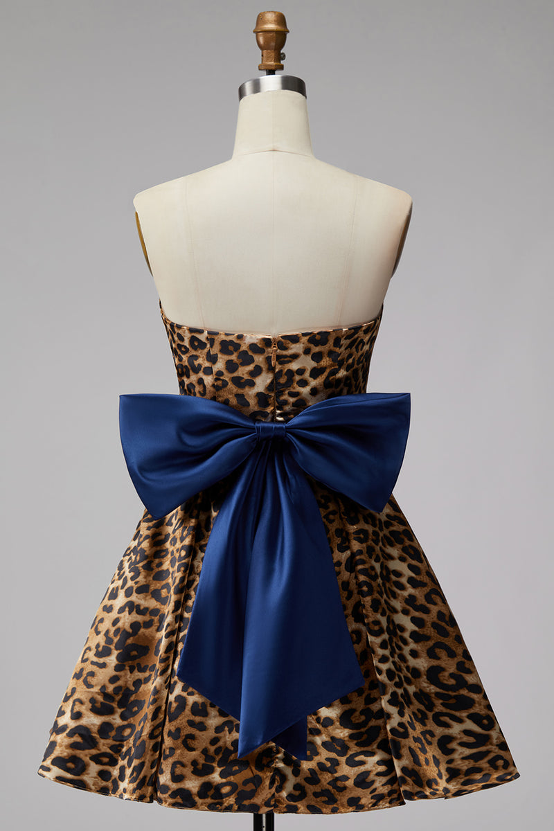 Load image into Gallery viewer, Brown Leopard Print Strapless Ruched A Line Short Homecoming Dress with Bow