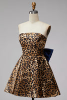 Load image into Gallery viewer, Brown Leopard Print Strapless Ruched A Line Short Homecoming Dress with Bow