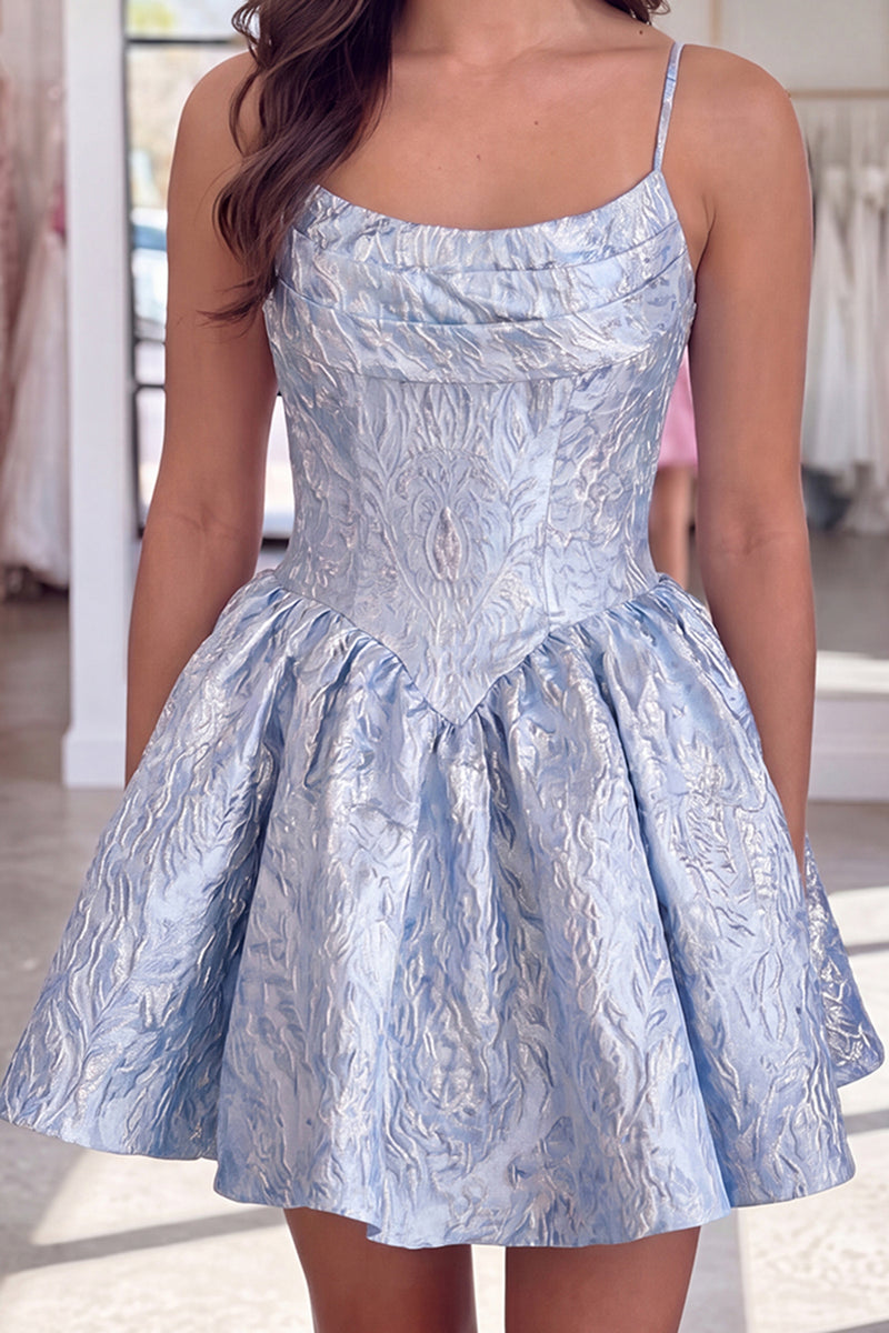 Load image into Gallery viewer, Blue Floral A Line Short Corset Homecoming Dress with Bow