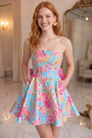 Load image into Gallery viewer, Blue Fuchsia Flower Strapless A Line Short Homecoming Dress with Bow