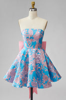 Load image into Gallery viewer, Blue Fuchsia Flower Strapless A Line Short Homecoming Dress with Bow