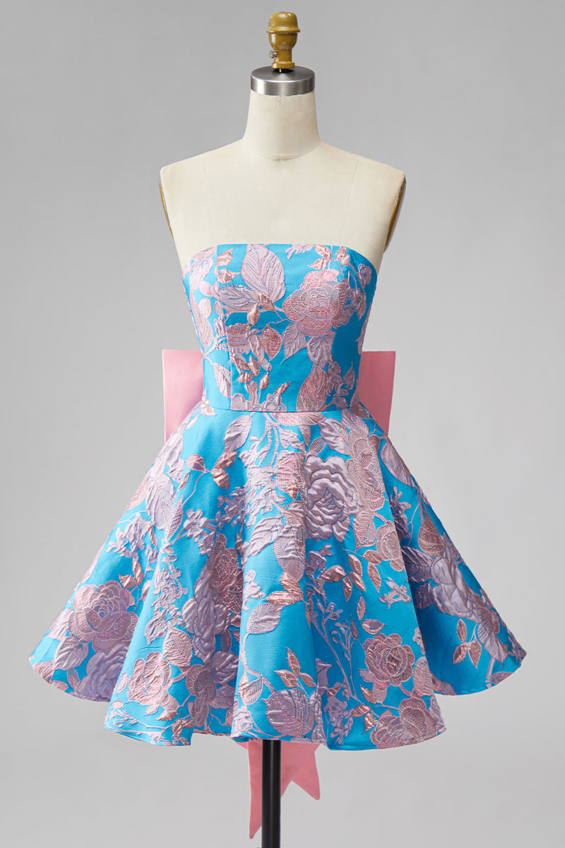 Load image into Gallery viewer, Blue Fuchsia Flower Strapless A Line Short Homecoming Dress with Bow