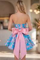 Load image into Gallery viewer, Blue Fuchsia Flower Strapless A Line Short Homecoming Dress with Bow