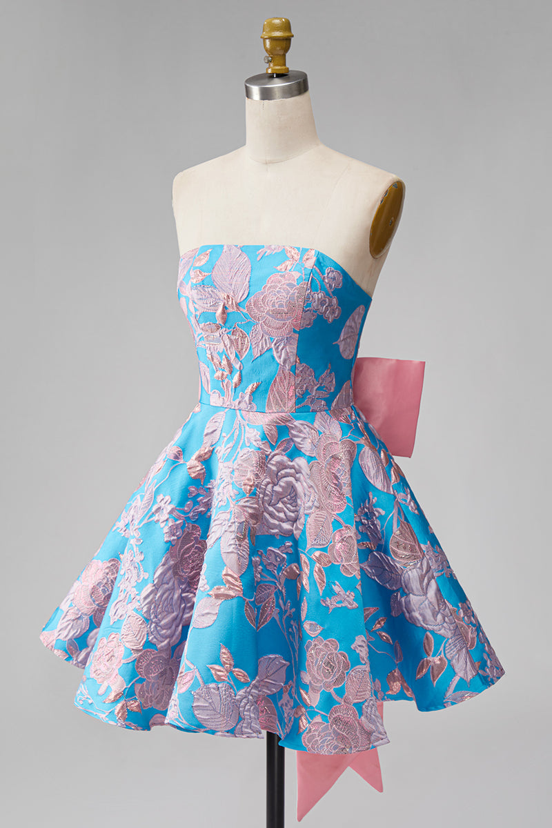 Load image into Gallery viewer, Blue Fuchsia Flower Strapless A Line Short Homecoming Dress with Bow