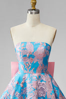 Load image into Gallery viewer, Blue Fuchsia Flower Strapless A Line Short Homecoming Dress with Bow
