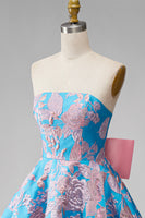 Load image into Gallery viewer, Blue Fuchsia Flower Strapless A Line Short Homecoming Dress with Bow
