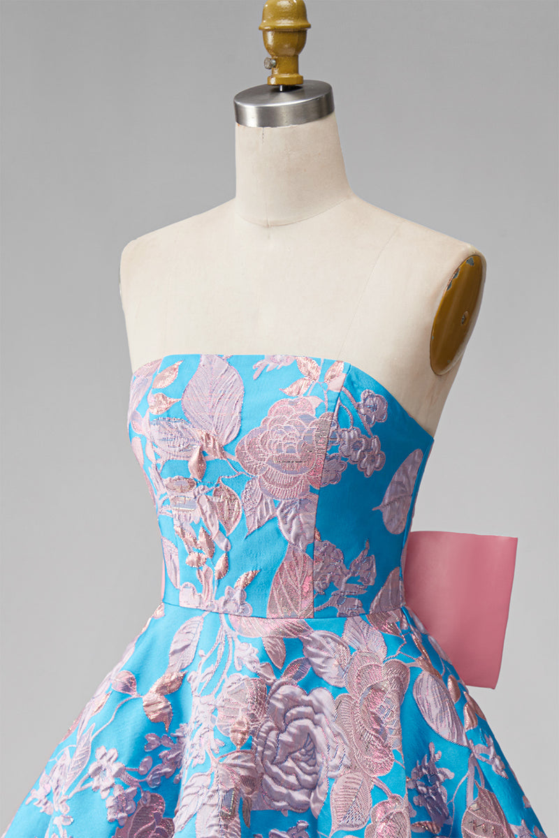 Load image into Gallery viewer, Blue Fuchsia Flower Strapless A Line Short Homecoming Dress with Bow