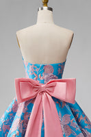 Load image into Gallery viewer, Blue Fuchsia Flower Strapless A Line Short Homecoming Dress with Bow