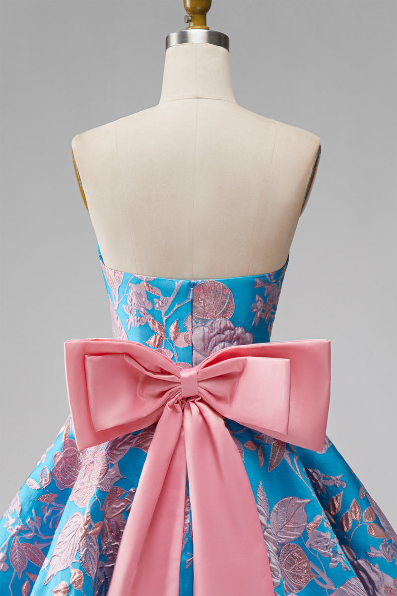 Load image into Gallery viewer, Blue Fuchsia Flower Strapless A Line Short Homecoming Dress with Bow