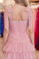Load image into Gallery viewer, Blush Sparkly Ruffled Short Homecoming Dress with Bows