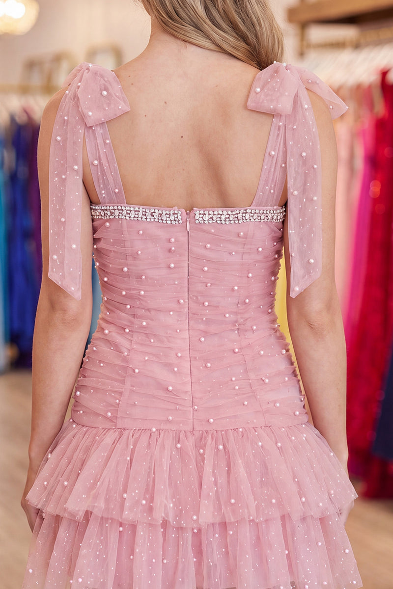 Load image into Gallery viewer, Blush Sparkly Ruffled Short Homecoming Dress with Bows