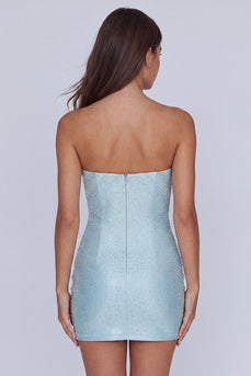 Blue Beaded Strapless Tight Short Homecoming Dress