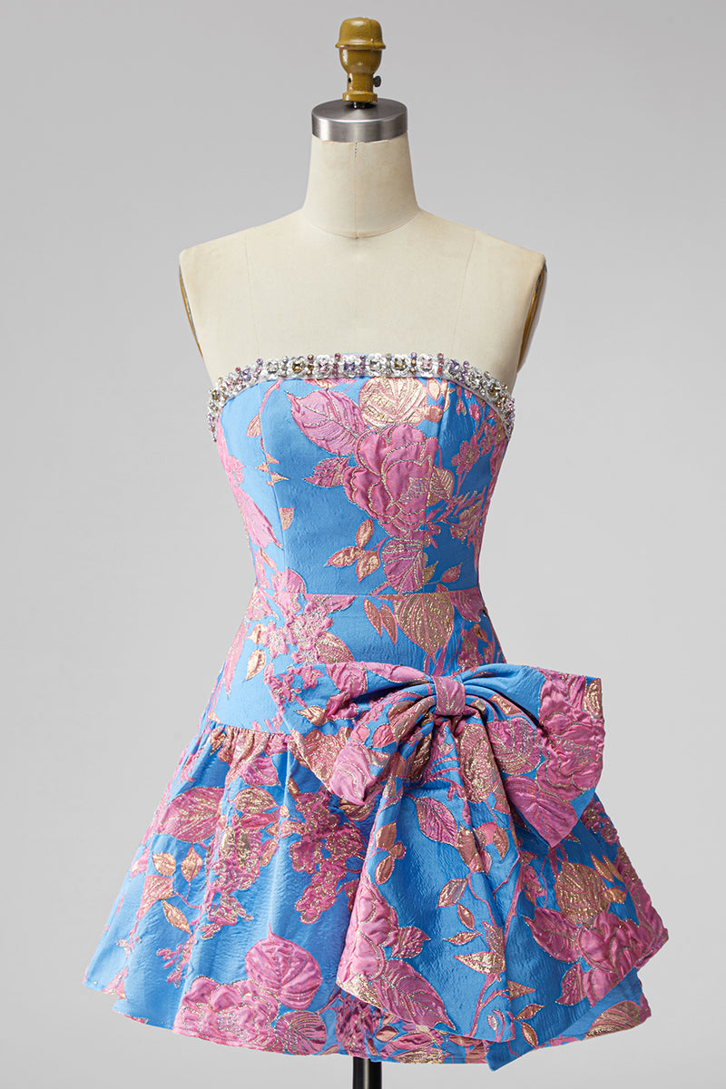 Load image into Gallery viewer, Blue Floral Beaded Strapless A Line Short Homecoming Dress with Bow