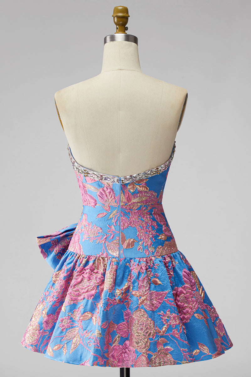 Load image into Gallery viewer, Blue Floral Beaded Strapless A Line Short Homecoming Dress with Bow