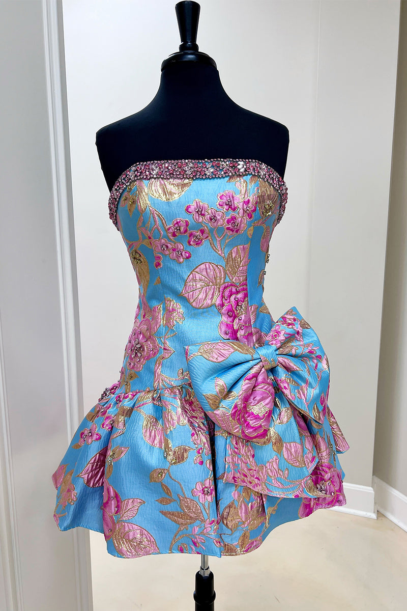Load image into Gallery viewer, Blue Floral Beaded Strapless A Line Short Homecoming Dress with Bow