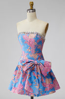 Load image into Gallery viewer, Blue Floral Beaded Strapless A Line Short Homecoming Dress with Bow