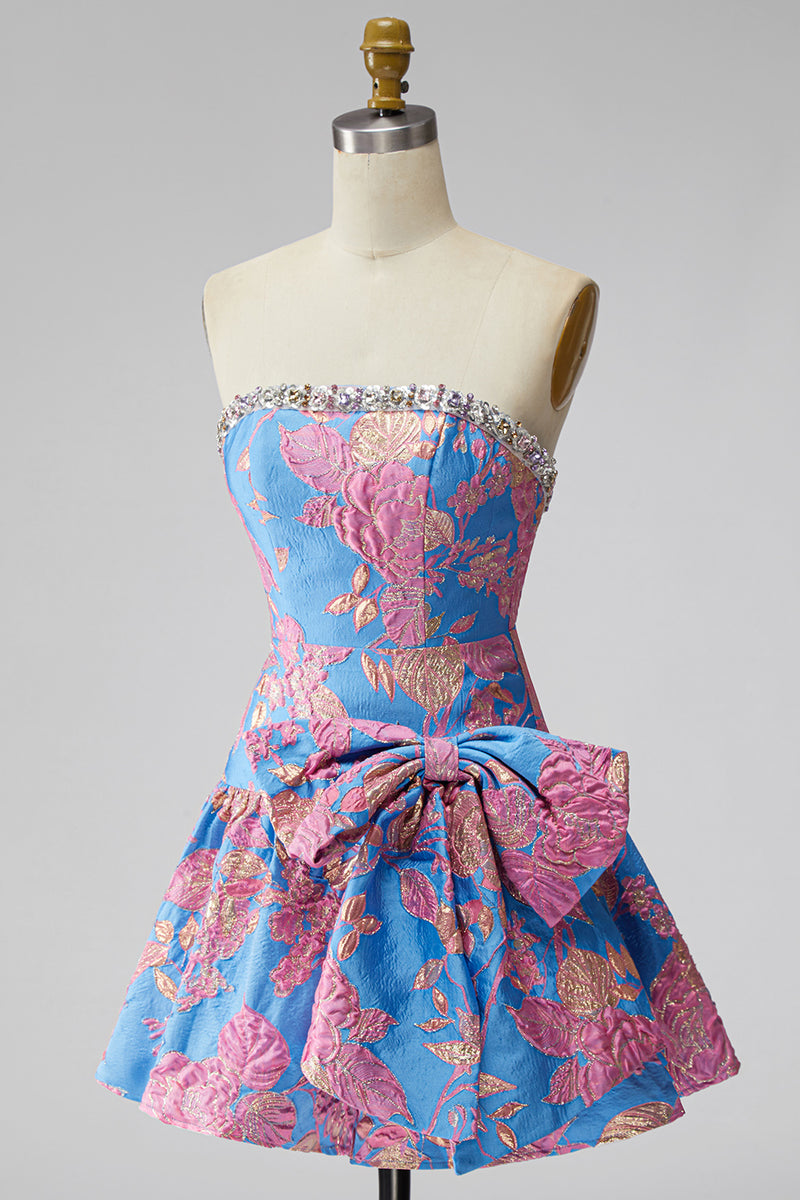 Load image into Gallery viewer, Blue Floral Beaded Strapless A Line Short Homecoming Dress with Bow