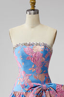 Load image into Gallery viewer, Blue Floral Beaded Strapless A Line Short Homecoming Dress with Bow