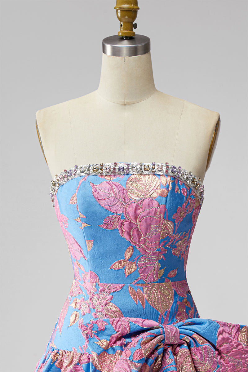 Load image into Gallery viewer, Blue Floral Beaded Strapless A Line Short Homecoming Dress with Bow