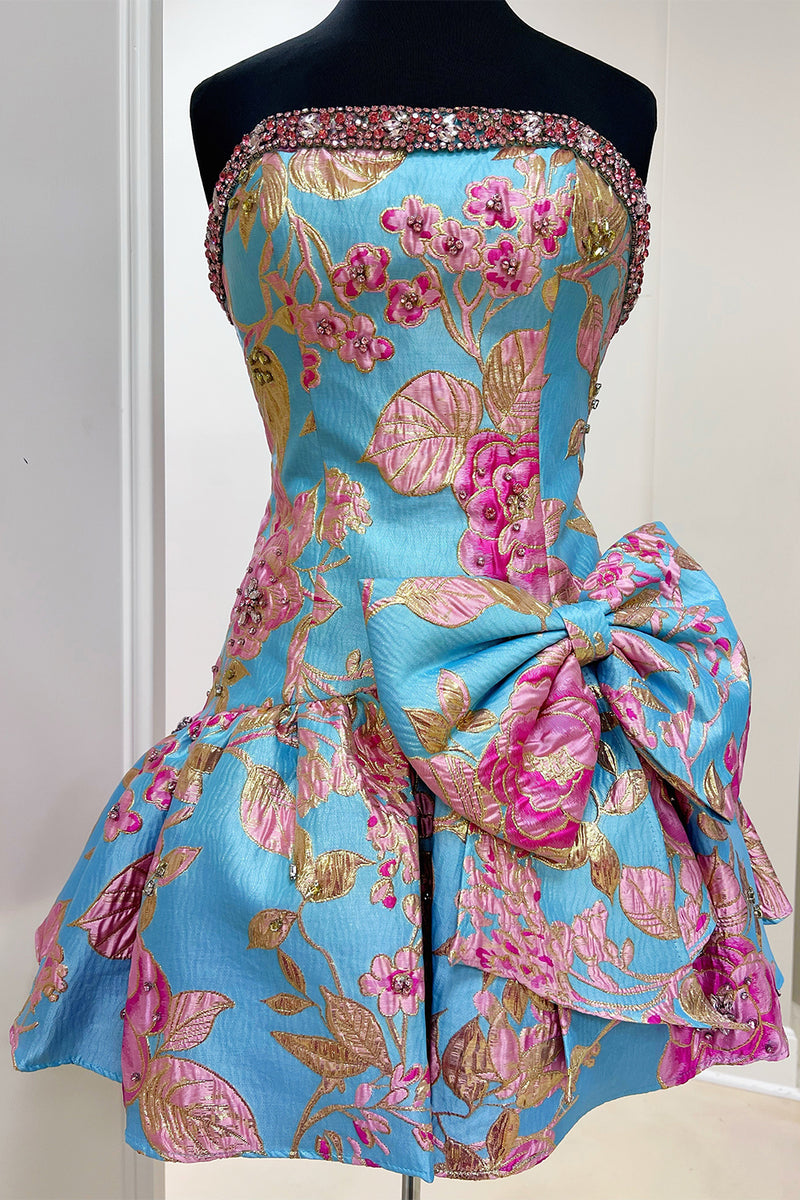 Load image into Gallery viewer, Blue Floral Beaded Strapless A Line Short Homecoming Dress with Bow