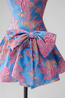 Load image into Gallery viewer, Blue Floral Beaded Strapless A Line Short Homecoming Dress with Bow