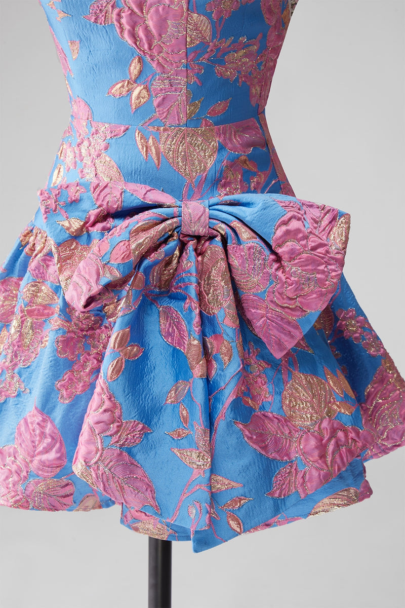 Load image into Gallery viewer, Blue Floral Beaded Strapless A Line Short Homecoming Dress with Bow