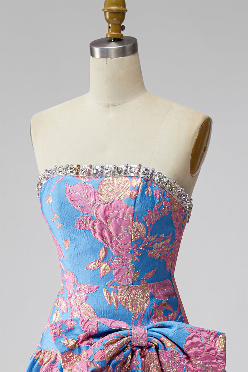Load image into Gallery viewer, Blue Floral Beaded Strapless A Line Short Homecoming Dress with Bow