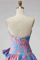 Load image into Gallery viewer, Blue Floral Beaded Strapless A Line Short Homecoming Dress with Bow