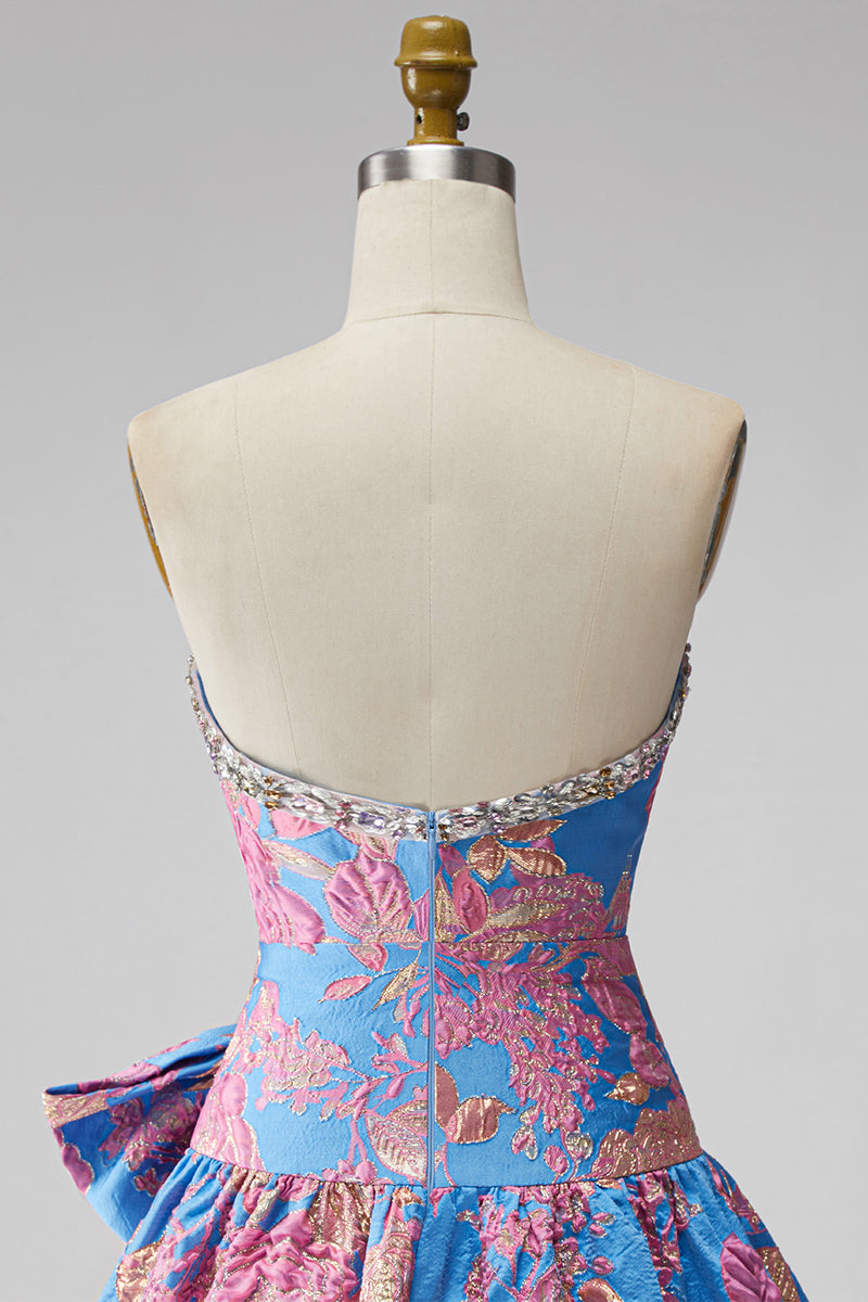 Load image into Gallery viewer, Blue Floral Beaded Strapless A Line Short Homecoming Dress with Bow