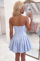 Load image into Gallery viewer, Grey Blue Strapless Corset Beaded A Line Short Homecoming Dress with 3D Flower