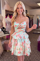 Load image into Gallery viewer, Green Red Flower Ruffled Tiered Strapless Cut Out A Line Short Homecoming Dress