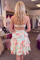 Load image into Gallery viewer, Green Red Flower Ruffled Tiered Strapless Cut Out A Line Short Homecoming Dress