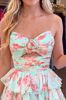 Load image into Gallery viewer, Green Red Flower Ruffled Tiered Strapless Cut Out A Line Short Homecoming Dress