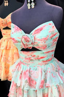 Load image into Gallery viewer, Green Red Flower Ruffled Tiered Strapless Cut Out A Line Short Homecoming Dress