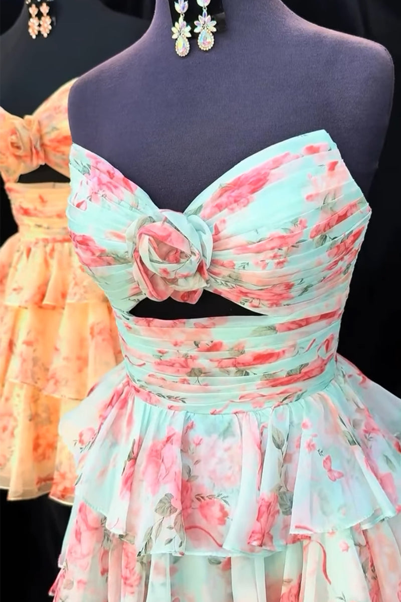 Load image into Gallery viewer, Green Red Flower Ruffled Tiered Strapless Cut Out A Line Short Homecoming Dress
