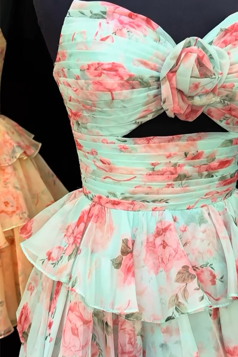 Load image into Gallery viewer, Green Red Flower Ruffled Tiered Strapless Cut Out A Line Short Homecoming Dress