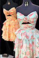 Load image into Gallery viewer, Green Red Flower Ruffled Tiered Strapless Cut Out A Line Short Homecoming Dress