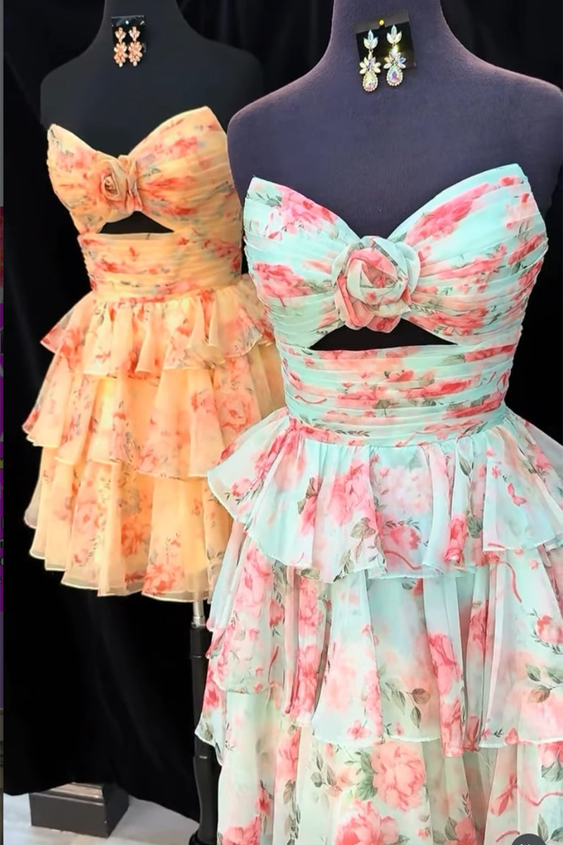 Load image into Gallery viewer, Green Red Flower Ruffled Tiered Strapless Cut Out A Line Short Homecoming Dress
