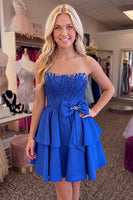 Load image into Gallery viewer, Royal Blue Corset Beaded Tiered A Line Short Homecoming Dress with Bow