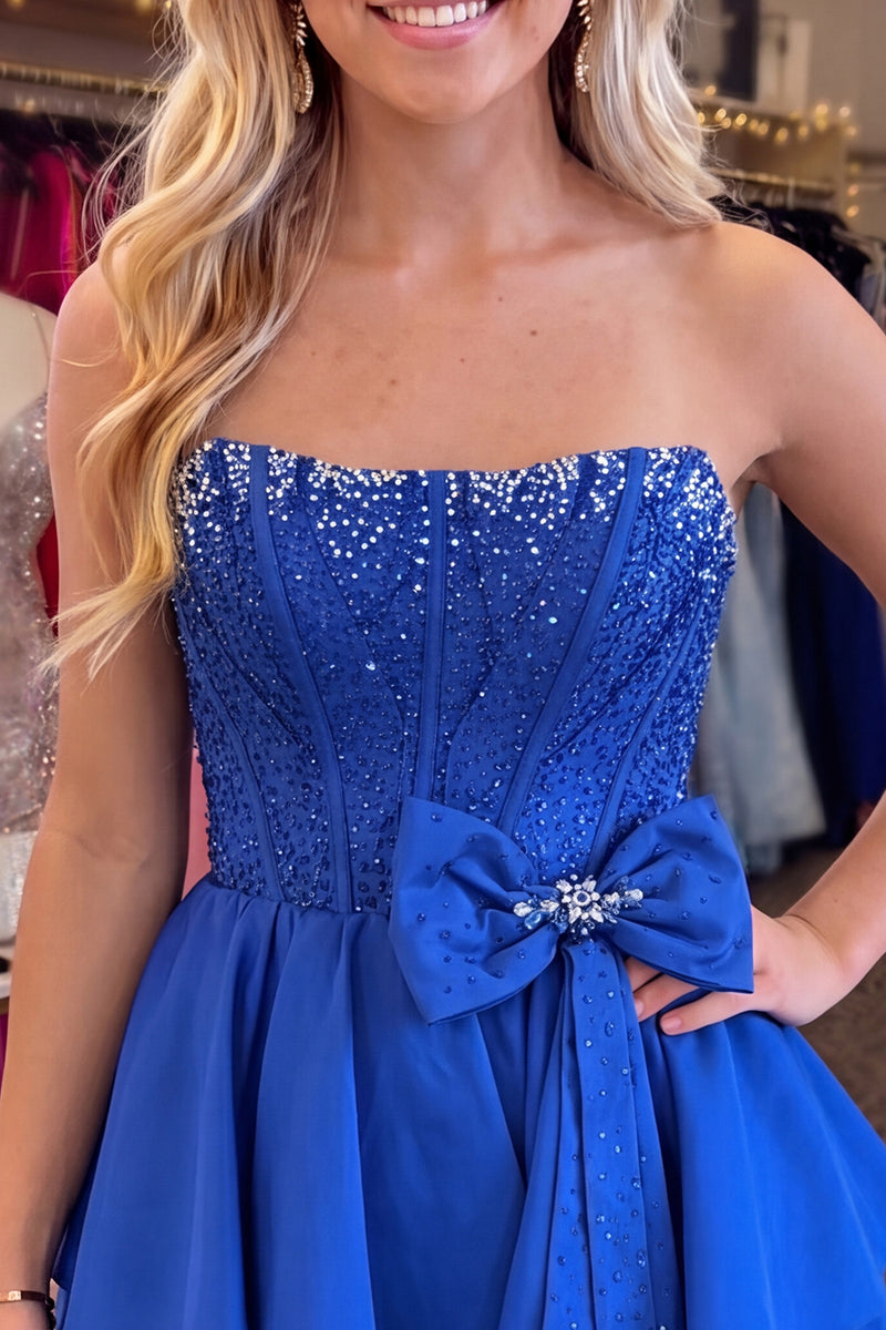 Load image into Gallery viewer, Royal Blue Corset Beaded Tiered A Line Short Homecoming Dress with Bow